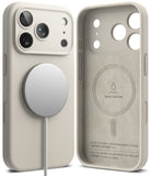 iPhone 18 Pro Max Case | Silicone Magnetic - A light beige phone case shown from the back and side, fitted on a phone with a visible MagSafe ring. The back of the case has a large MagSafe-compatible magnetic ring cutout, and the side shows the phone camera cutouts.