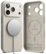 iPhone 18 Pro Max Case | Silicone Magnetic - A light beige phone case shown from the back and side, fitted on a phone with a visible MagSafe ring. The back of the case has a large MagSafe-compatible magnetic ring cutout, and the side shows the phone camera cutouts.
