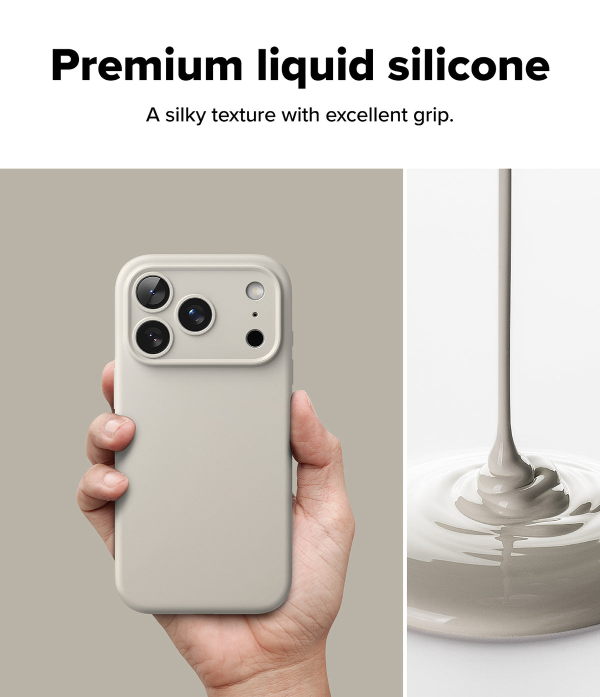 iPhone 18 Pro Max Case | Silicone Magnetic - A hand holds a light beige phone case against a neutral background, with text reading 'Premium liquid silicone' and a side panel showing a glossy silicone liquid being poured and swirled.