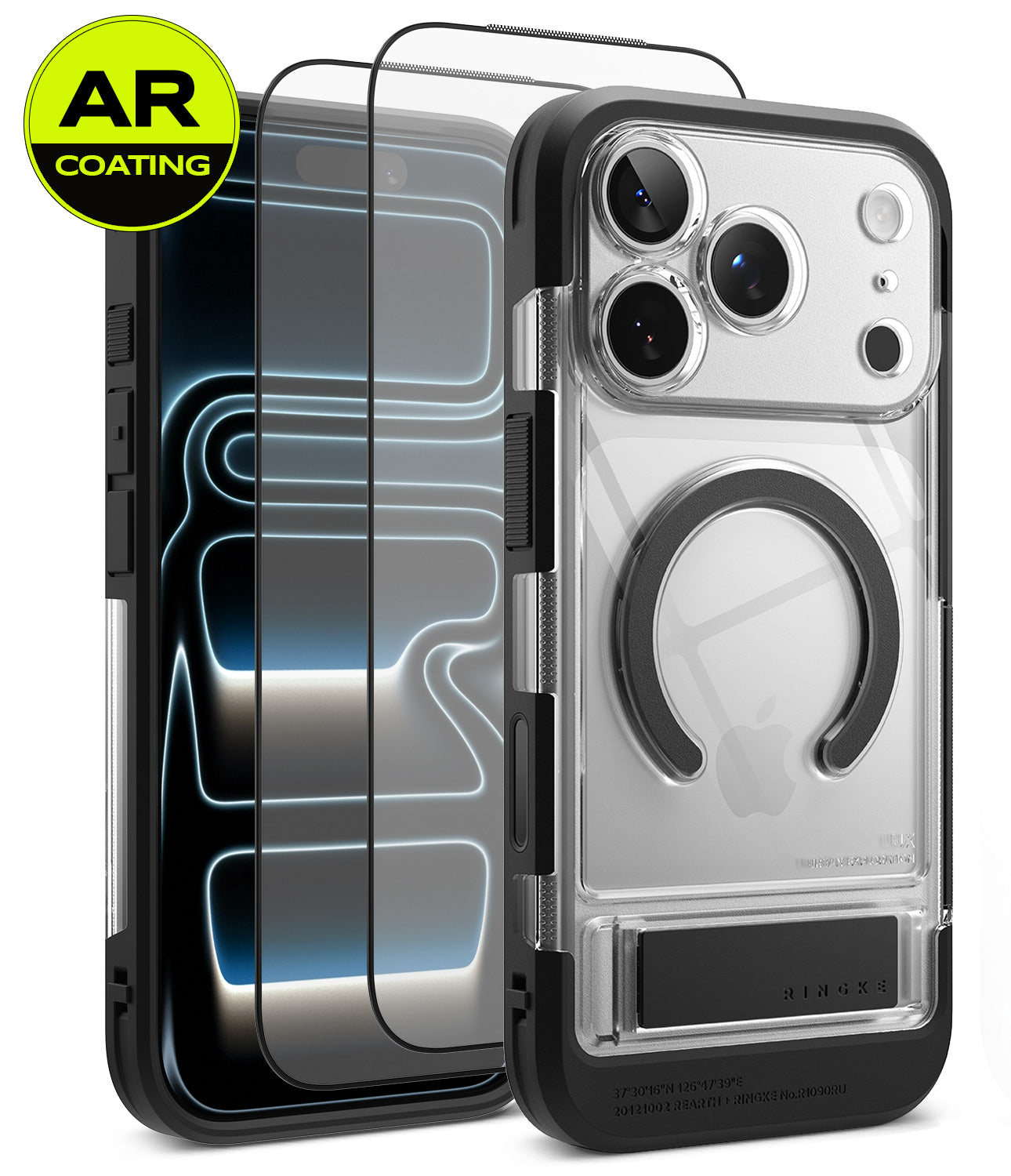 [Bundle] iPhone 18 Pro / Pro Max | UX Magnetic + AR Protectors - A clear protective phone case with a black bumper and built-in circular ring stand, shown from the back on a white background. Two additional clear screen protectors are floating beside it, and a yellow circular badge in the top-left says 'AR COATING'.