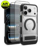 [Bundle] iPhone 18 Pro / Pro Max | UX Magnetic + AR Protectors - A clear protective phone case with a black bumper and built-in circular ring stand, shown from the back on a white background. Two additional clear screen protectors are floating beside it, and a yellow circular badge in the top-left says 'AR COATING'.