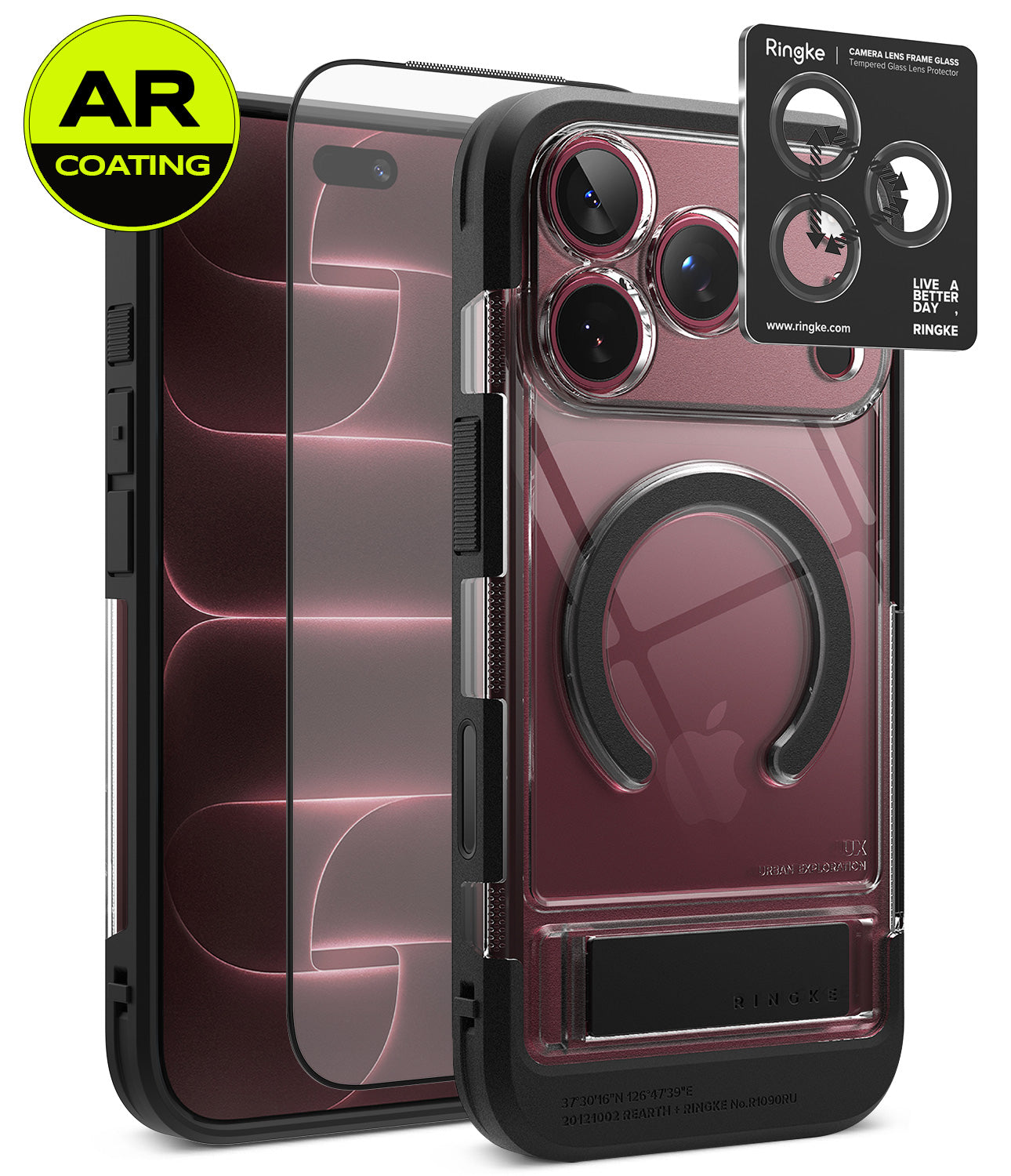 [Bundle] iPhone 18 Pro / Pro Max | UX Magnetic + AR Protectors - Clear protective phone case with black bumper edges and a built-in black ring stand, shown alongside two AR-coated screen protectors and a Ringke camera lens protector sticker on a white background.