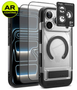 [Bundle] iPhone 18 Pro / Pro Max | UX Magnetic + AR Protectors - Clear protective phone case with black bumper edges and a built-in black ring stand, shown alongside two AR-coated screen protectors and a Ringke camera lens protector sticker on a white background.