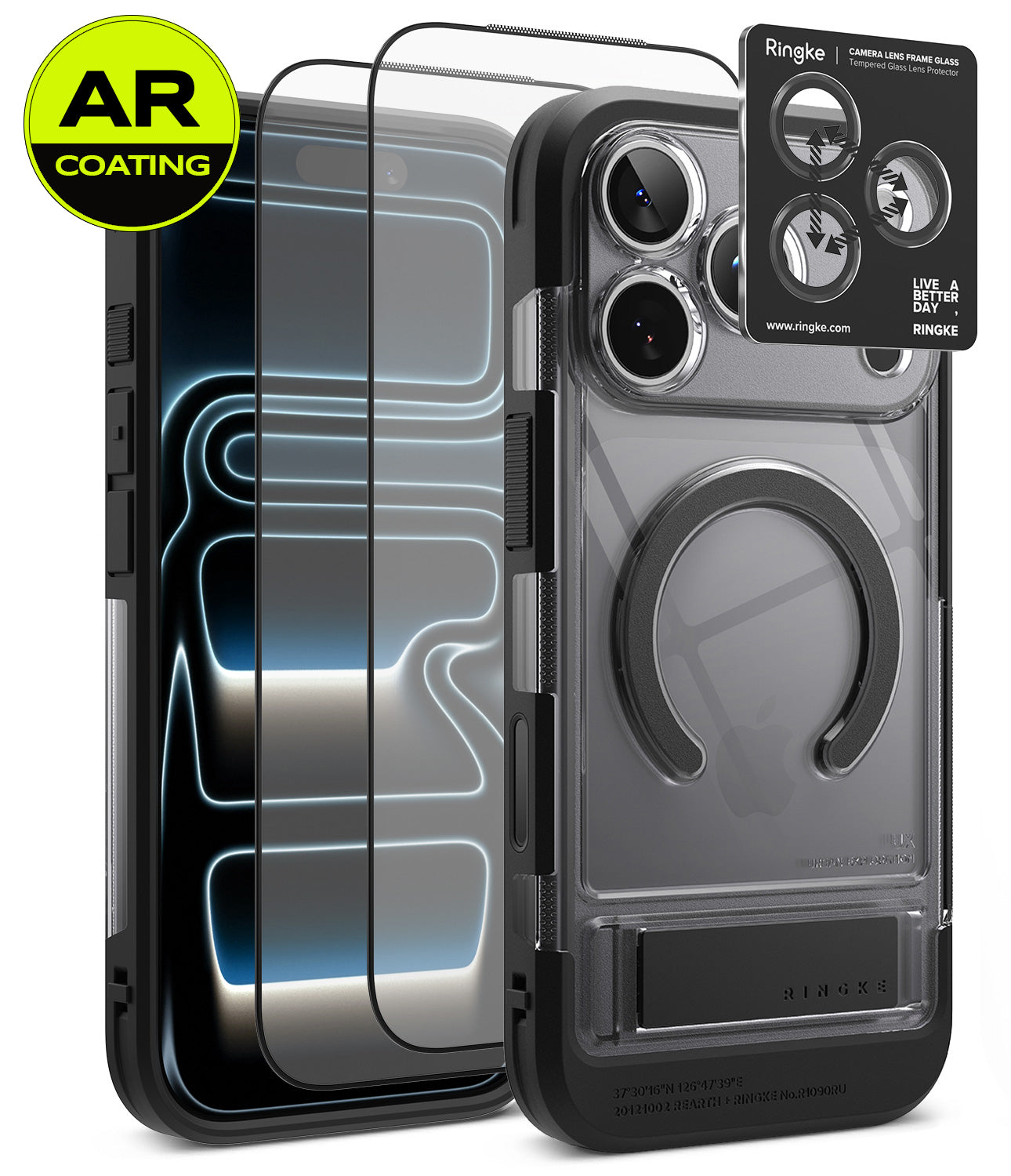 [Bundle] iPhone 18 Pro / Pro Max | UX Magnetic + AR Protectors - A clear protective phone case with a black bumper and MagSafe ring, shown alongside two AR-coated screen protectors and a Ringke camera lens protector sticker. The brand 'SILKCASE' is visible on the bottom of the case.