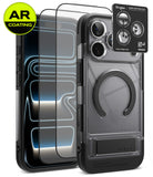 [Bundle] iPhone 18 Pro / Pro Max | UX Magnetic + AR Protectors - A clear protective phone case with a black bumper and MagSafe ring, shown alongside two AR-coated screen protectors and a Ringke camera lens protector sticker. The brand 'SILKCASE' is visible on the bottom of the case.