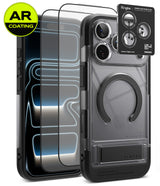 [Bundle] iPhone 18 Pro / Pro Max | UX Magnetic + AR Protectors - A clear protective phone case with a black bumper and MagSafe ring, shown alongside two AR-coated screen protectors and a Ringke camera lens protector sticker. The brand 'SILKCASE' is visible on the bottom of the case.