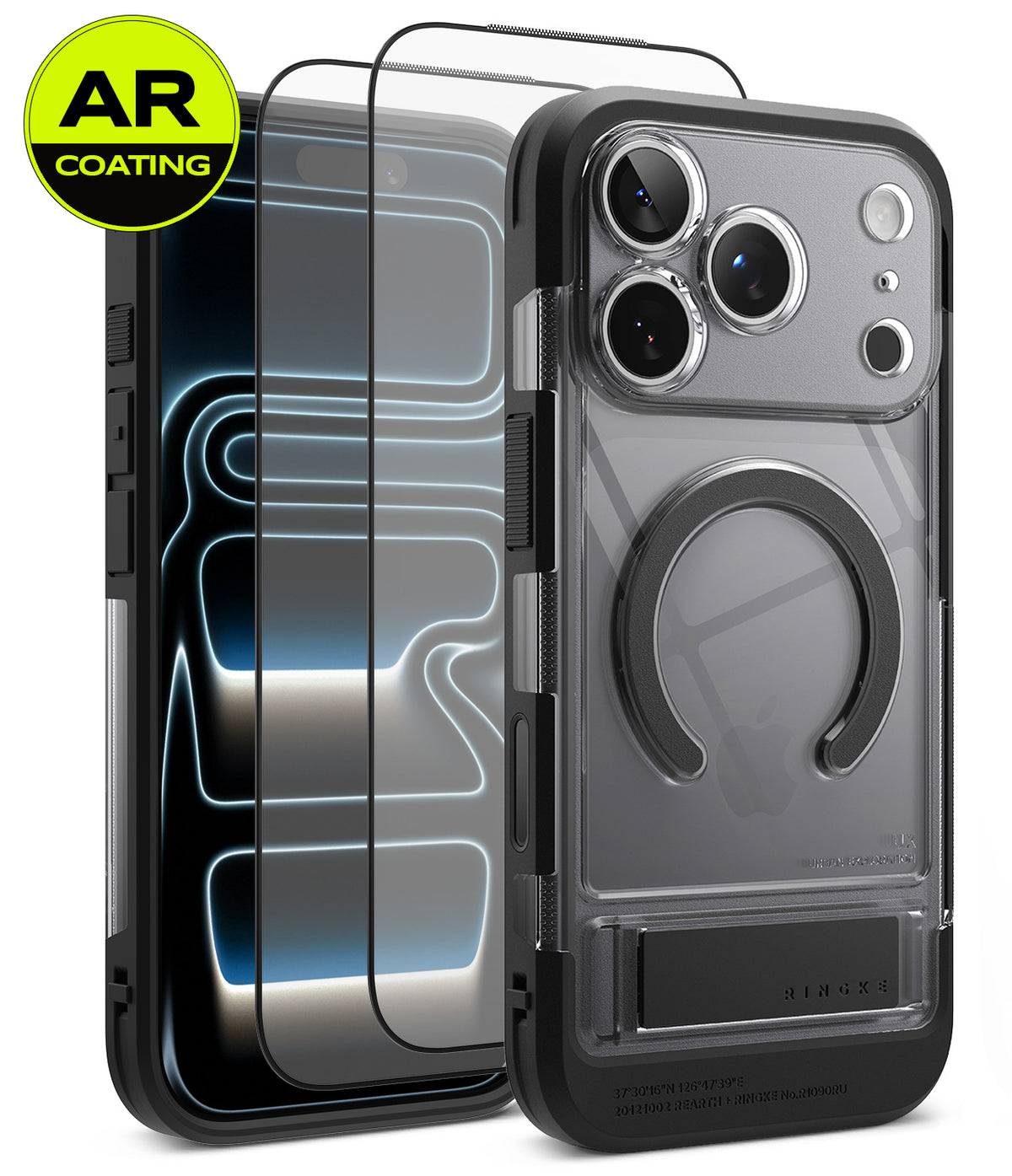 [Bundle] iPhone 18 Pro / Pro Max | UX Magnetic + AR Protectors - A clear AR-coated phone case with a black bumper and magnetic ring, shown alongside two screen protectors with blue light reflections. A yellow circular 'AR COATING' badge is in the top-left corner.