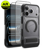 [Bundle] iPhone 18 Pro / Pro Max | UX Magnetic + AR Protectors - A clear AR-coated phone case with a black bumper and magnetic ring, shown alongside two screen protectors with blue light reflections. A yellow circular 'AR COATING' badge is in the top-left corner.