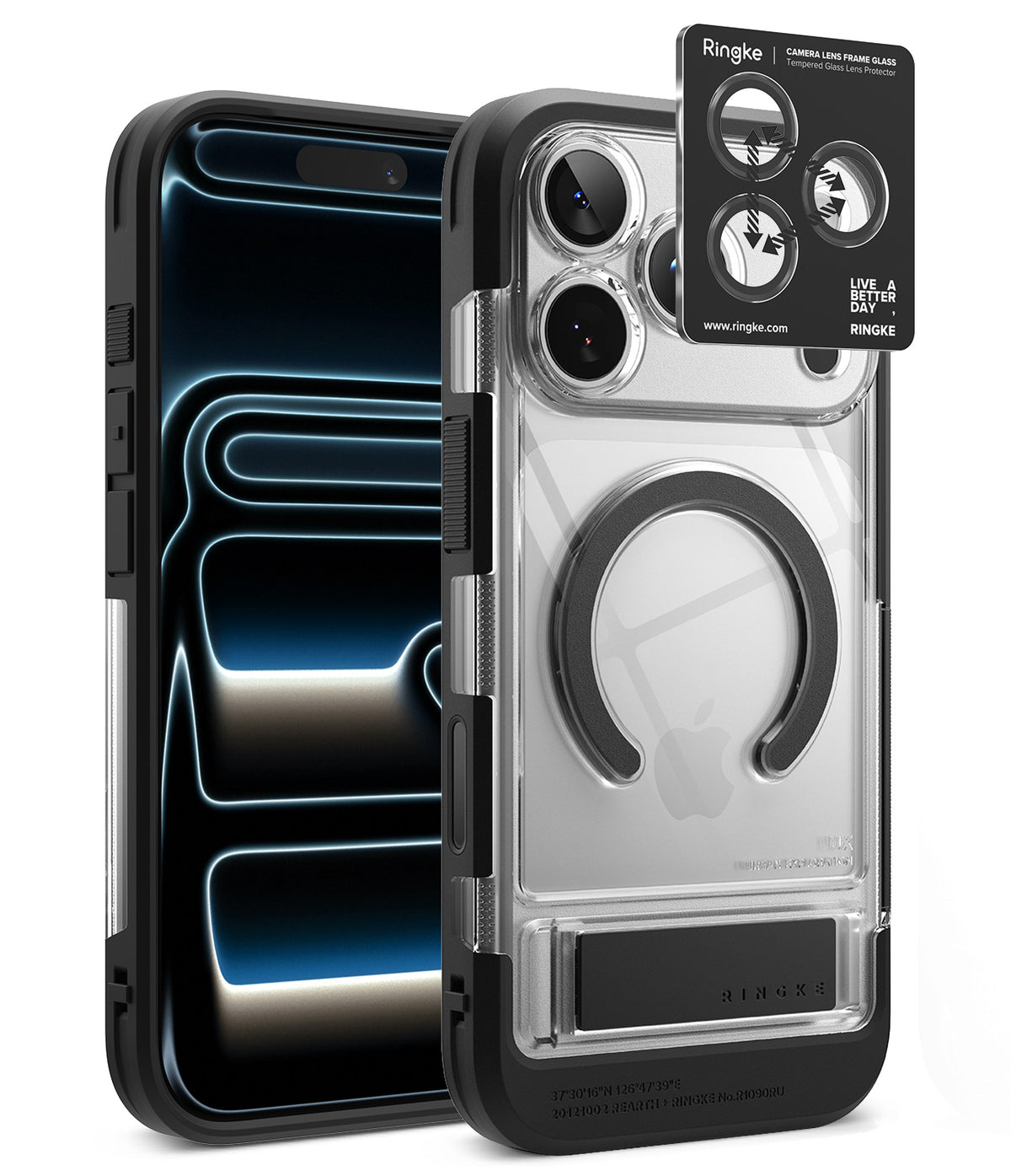 [Bundle] iPhone 18 Pro / Pro Max | UX Magnetic + Protectors - Ringke iPhone case in clear and black, shown from the back with a smartphone inserted. A black insert card with Ringke branding is shown next to the case on a clean white background.
