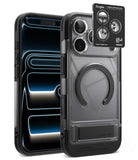 [Bundle] iPhone 18 Pro / Pro Max | UX Magnetic + AR Protectors - Ringke iPhone case in clear and black, shown from the back with a smartphone inserted, plus a small product detail card for the camera cutout. No person, animal, or real environment is present, so this is Product/Packaging.