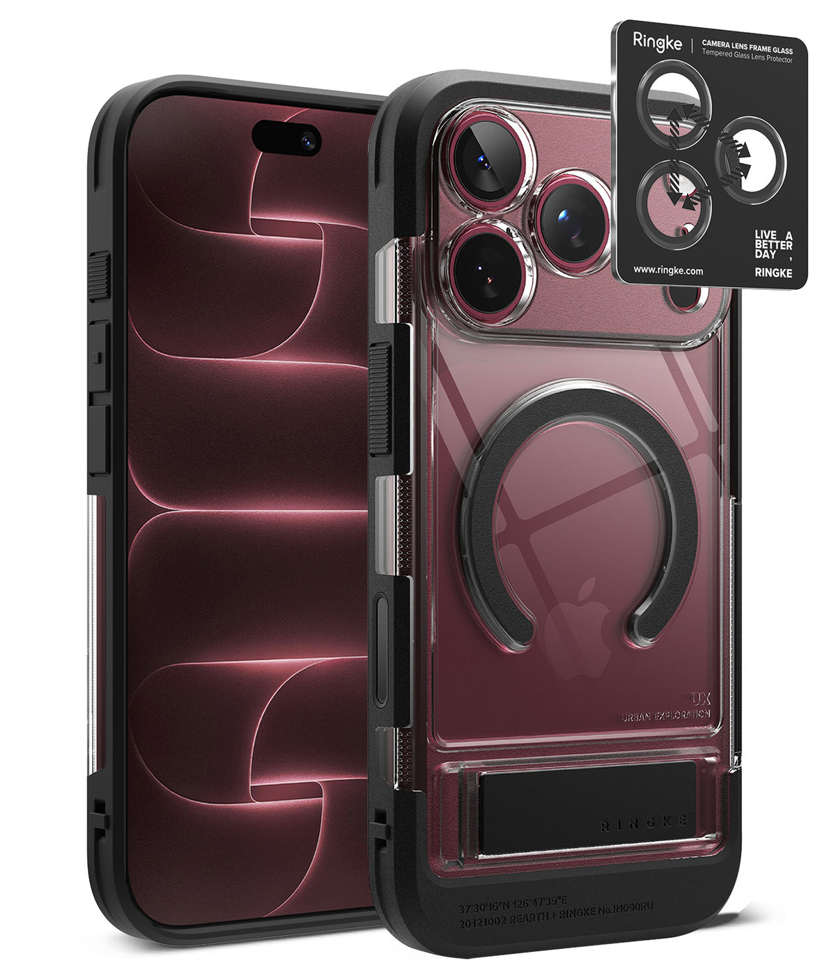 [Bundle] iPhone 18 Pro / Pro Max | UX Magnetic + Privacy Protectors - Ringke iPhone case in clear and black, shown from the back with a smartphone inserted. A black insert card with Ringke branding is shown next to the case on a clean white background.