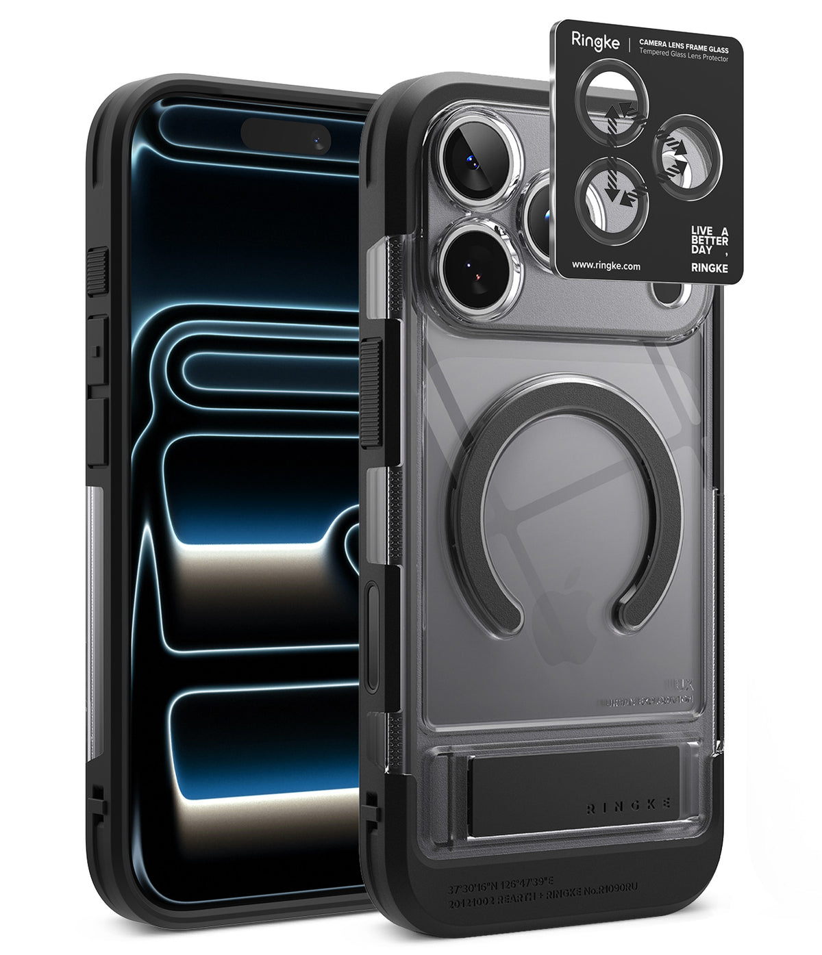 [Bundle] iPhone 18 Pro / Pro Max | UX Magnetic + Privacy Protectors - Ringke iPhone case in clear and black, shown from the back with a smartphone inserted, plus a small product detail card for the camera cutout. No person, animal, or real environment is present, so this is Product/Packaging.