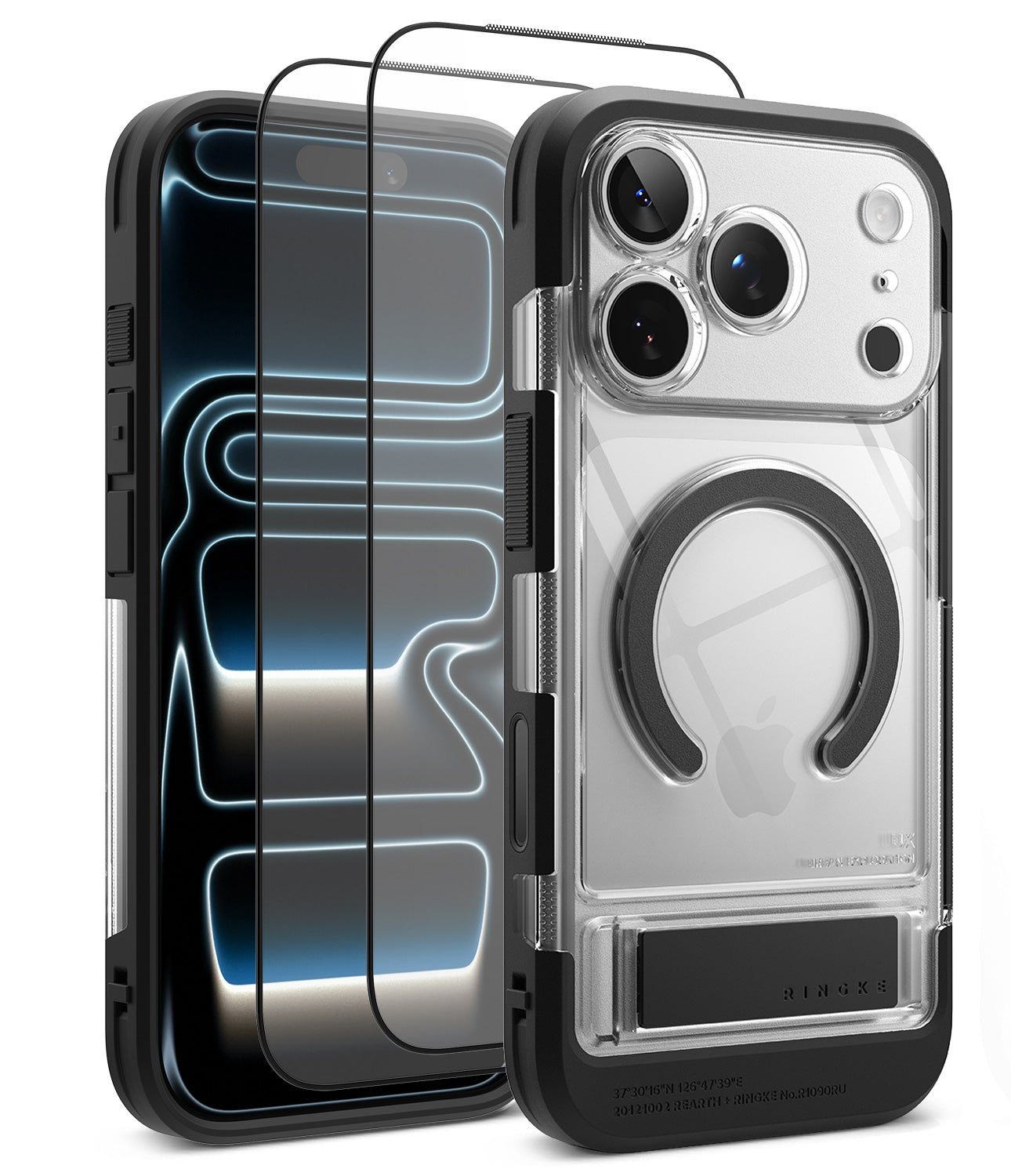 [Bundle] iPhone 18 Pro / Pro Max | UX Magnetic + Protectors - A clear and black protective phone case with a built-in circular MagSafe ring, shown alongside two transparent screen protectors with black borders on a white background.