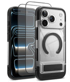 [Bundle] iPhone 18 Pro / Pro Max | UX Magnetic + Protectors - A clear and black protective phone case with a built-in circular MagSafe ring, shown alongside two transparent screen protectors with black borders on a white background.