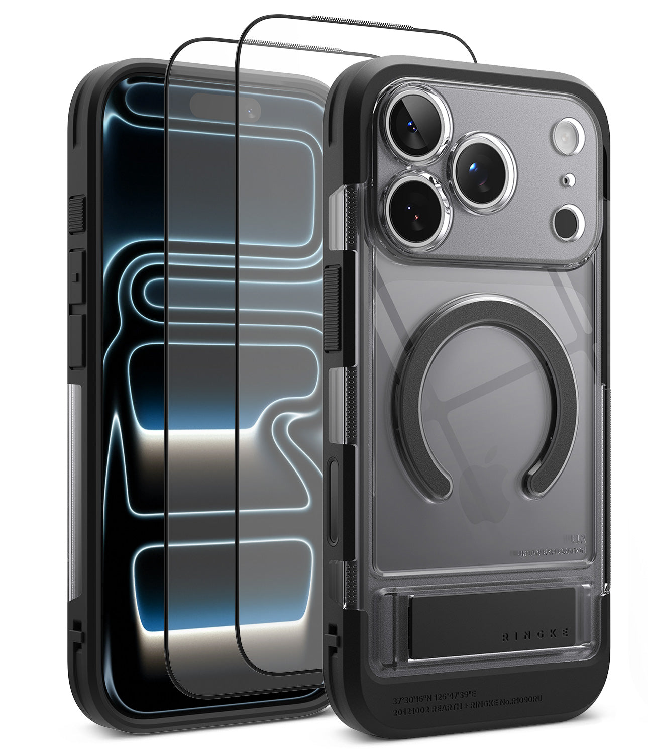 [Bundle] iPhone 18 Pro / Pro Max | UX Magnetic + Protectors - A clear and black protective phone case with a built-in circular MagSafe ring and kickstand, shown alongside two transparent screen protectors with black borders on a white background.