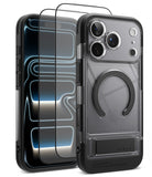 [Bundle] iPhone 18 Pro / Pro Max | UX Magnetic + Protectors - A clear and black protective phone case with a built-in circular MagSafe ring and kickstand, shown alongside two transparent screen protectors with black borders on a white background.
