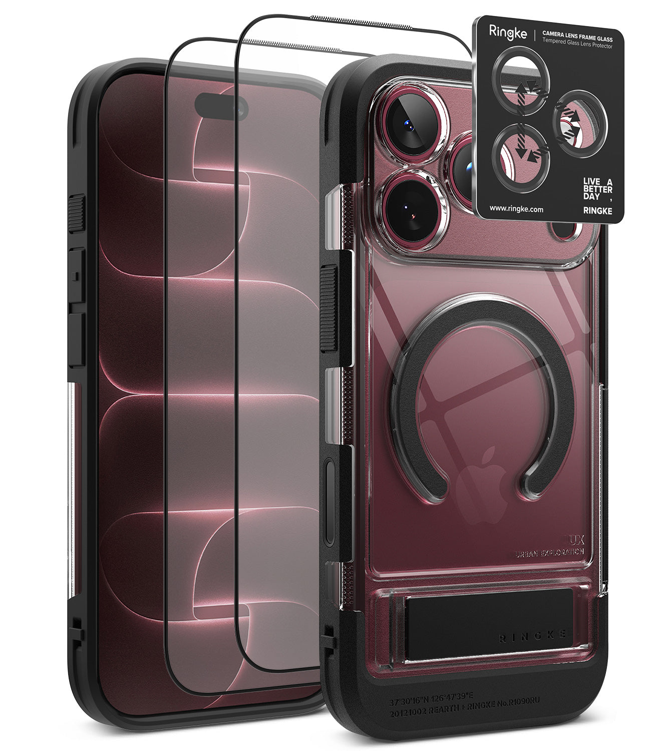 [Bundle] iPhone 18 Pro / Pro Max | UX Magnetic + Protectors - A transparent and black Ringke phone case shown on a smartphone, alongside two clear screen protectors and a black camera lens protector sticker. The case features a built-in circular MagSafe ring and a kickstand at the bottom.