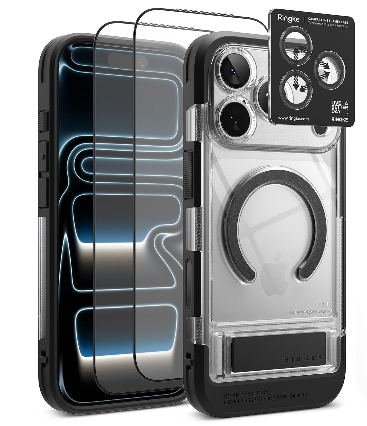 [Bundle] iPhone 18 Pro / Pro Max | UX Magnetic + Protectors - A transparent and black Ringke phone case shown on a smartphone, alongside two clear screen protectors and a black camera lens protector sticker. The case features a built-in circular MagSafe ring and a kickstand at the bottom.