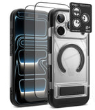 [Bundle] iPhone 18 Pro / Pro Max | UX Magnetic + Protectors - A transparent and black Ringke phone case shown on a smartphone, alongside two clear screen protectors and a black camera lens protector sticker. The case features a built-in circular MagSafe ring and a kickstand at the bottom.