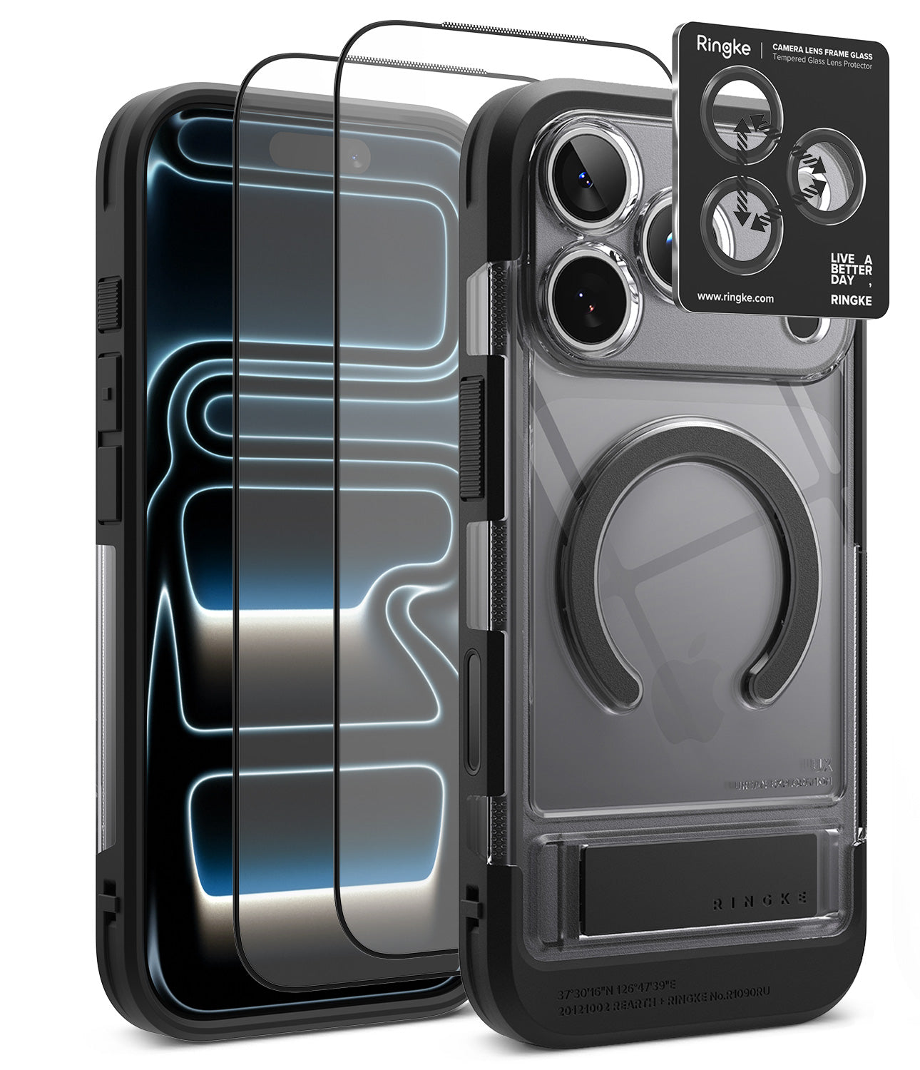 [Bundle] iPhone 18 Pro / Pro Max | UX Magnetic + Protectors - A clear protective phone case with a black bumper frame, shown alongside two transparent screen protectors and a black Ringke camera lens protector card on a white background.