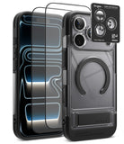[Bundle] iPhone 18 Pro / Pro Max | UX Magnetic + Protectors - A clear protective phone case with a black bumper frame, shown alongside two transparent screen protectors and a black Ringke camera lens protector card on a white background.