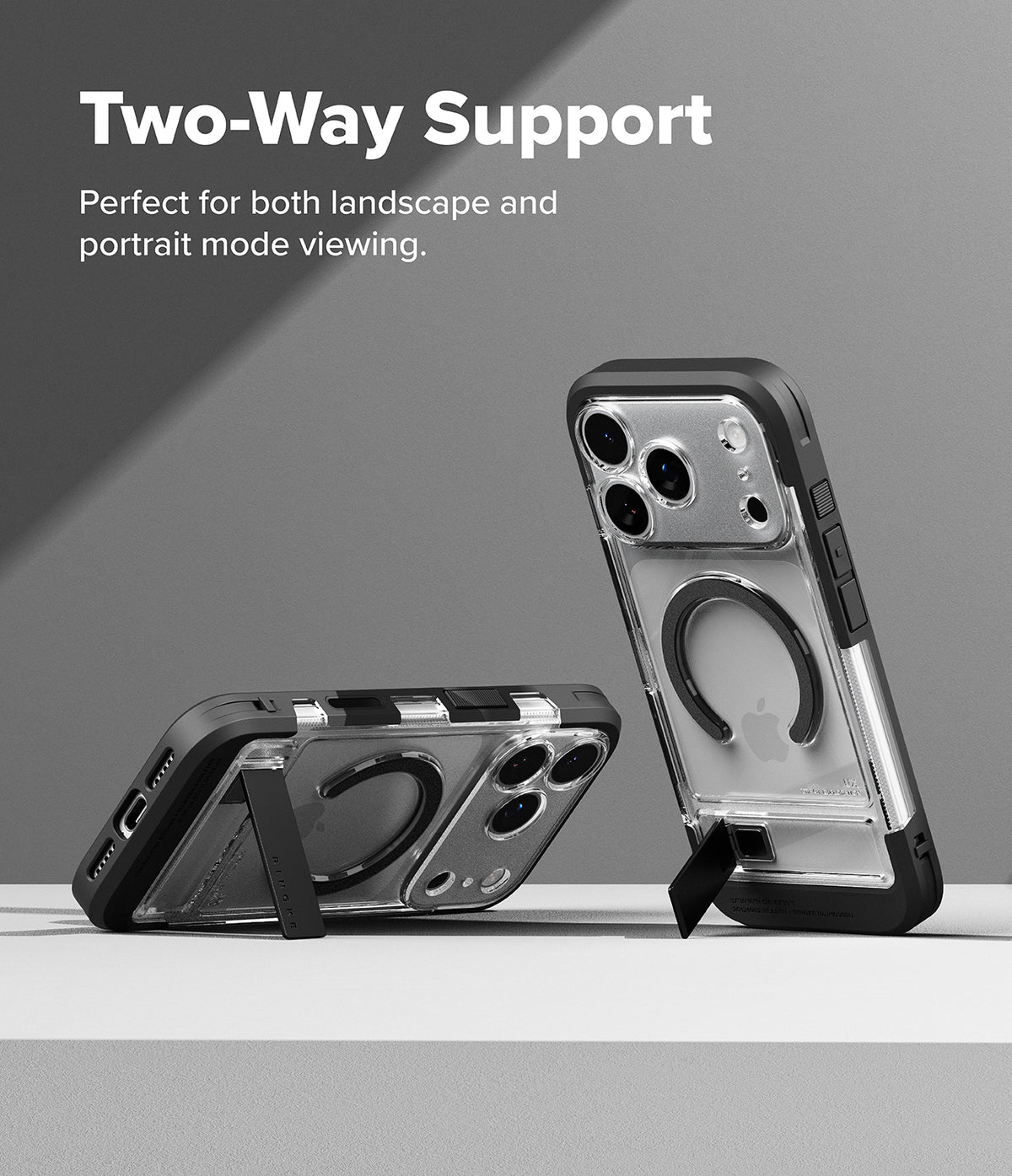 iPhone 18 Pro / Pro Max Case UX Magnetic all-groups - Transparent and black protective phone case shown from two angles on a light gray background, with text reading 'Two-Way Support' and 'Perfect for both landscape and portrait mode viewing.'.