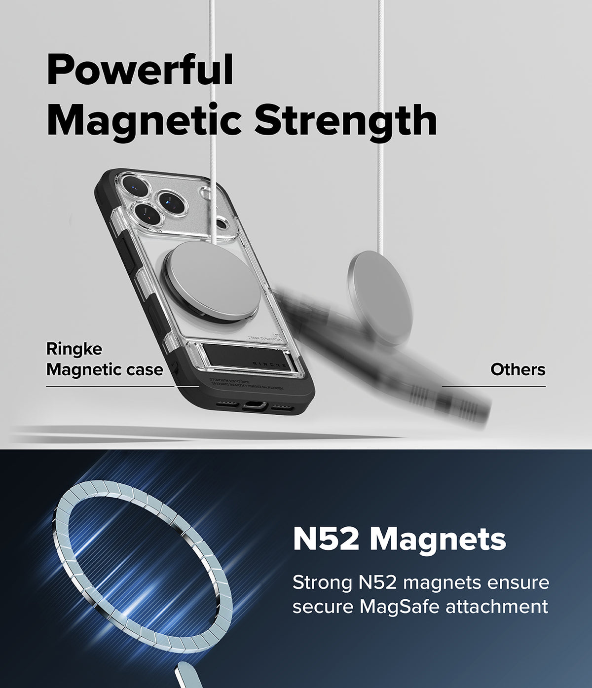 iPhone 18 Pro / Pro Max Case UX Magnetic all-groups - Promotional graphic for a transparent magnetic phone case with a circular MagSafe ring. The top half shows the case on a phone with text reading 'Powerful Magnetic Strength' and labels for 'Ringke Magnetic case' and 'Others'.