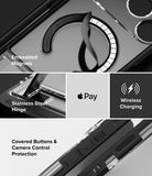 iPhone 18 Pro / Pro Max Case UX Magnetic all-groups - A black protective phone case shown in a multi-panel feature graphic. The panels highlight an embedded magnetic ring for wireless charging, a stainless steel hinge, covered buttons and camera control protection, and compatibility with Apple Pay.