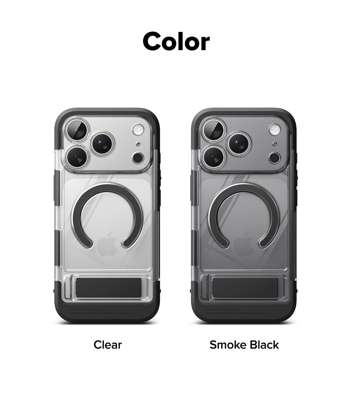 iPhone 18 Pro / Pro Max Case UX Magnetic all-groups - Two smartphone cases shown side by side on a white background under the heading 'Color'. The left case is labeled 'Clear' and is transparent with a black bumper and a circular ring detail.