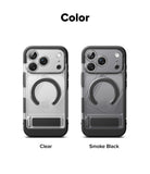 iPhone 18 Pro / Pro Max Case UX Magnetic all-groups - Two smartphone cases shown side by side on a white background under the heading 'Color'. The left case is labeled 'Clear' and is transparent with a black bumper and a circular ring detail.
