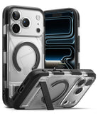iPhone 18 Pro Max Case | UX Magnetic - Clear and black protective phone case with a built-in kickstand and MagSafe ring, shown from multiple angles on a white background.