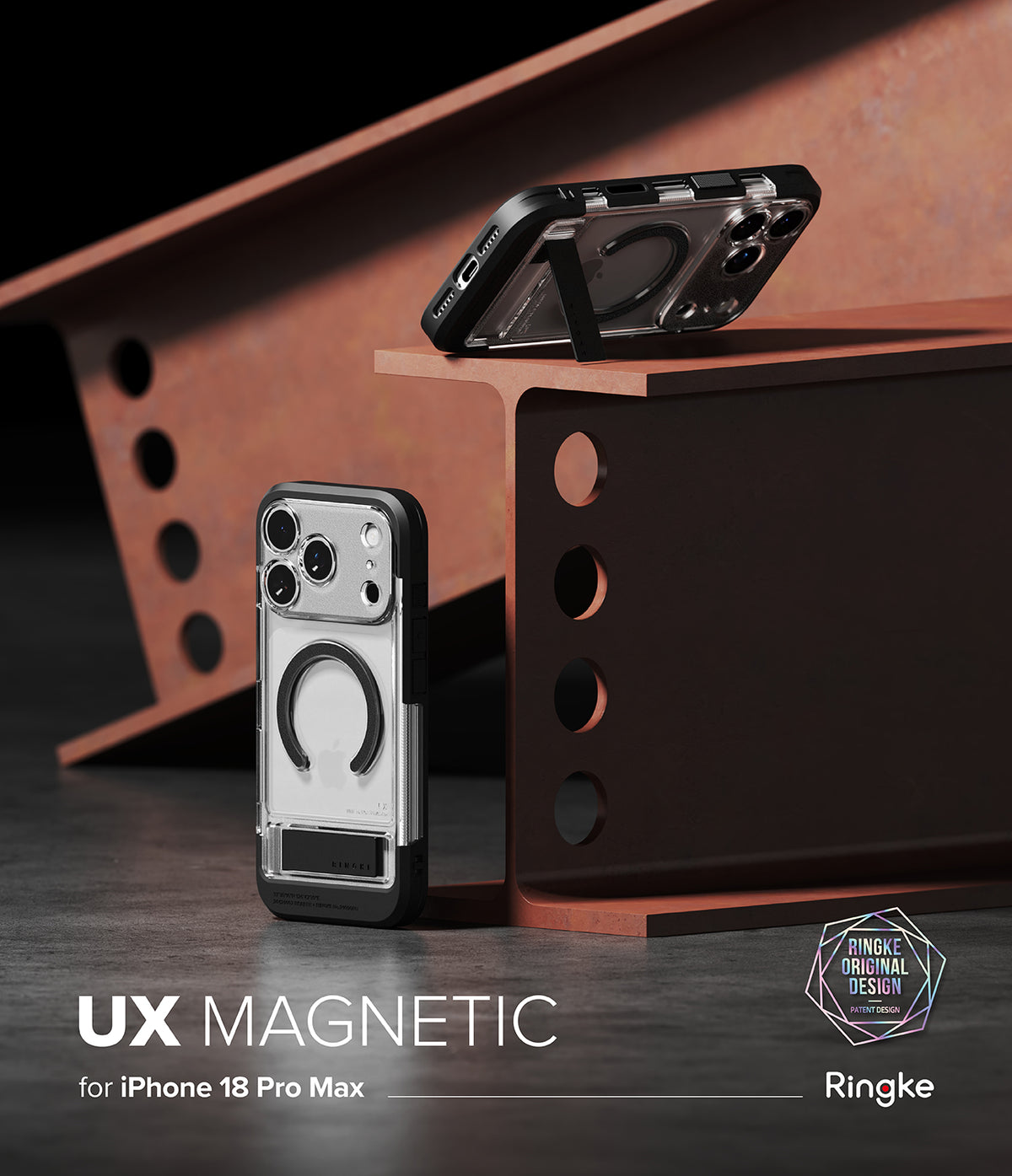 iPhone 18 Pro Max Case | UX Magnetic - UX Magnetic phone case for iPhone 17 Pro Max by Ringke on a metallic surface