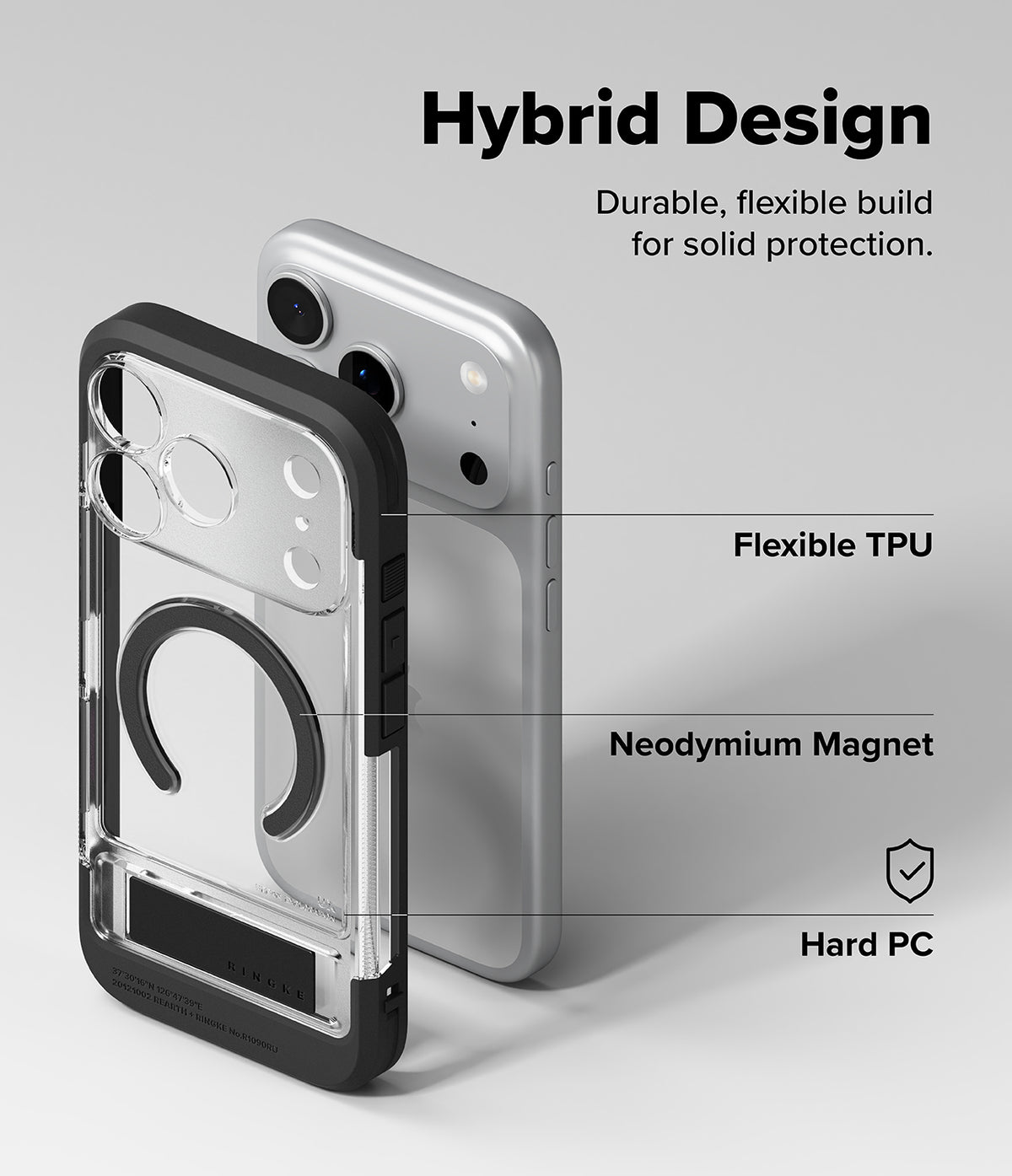 iPhone 18 Pro Max Case | UX Magnetic - Transparent and black hybrid phone case shown from the back, with a silver phone behind it. Text labels highlight Flexible TPU, Neodymium Magnet, and Hard PC on a light gray background.