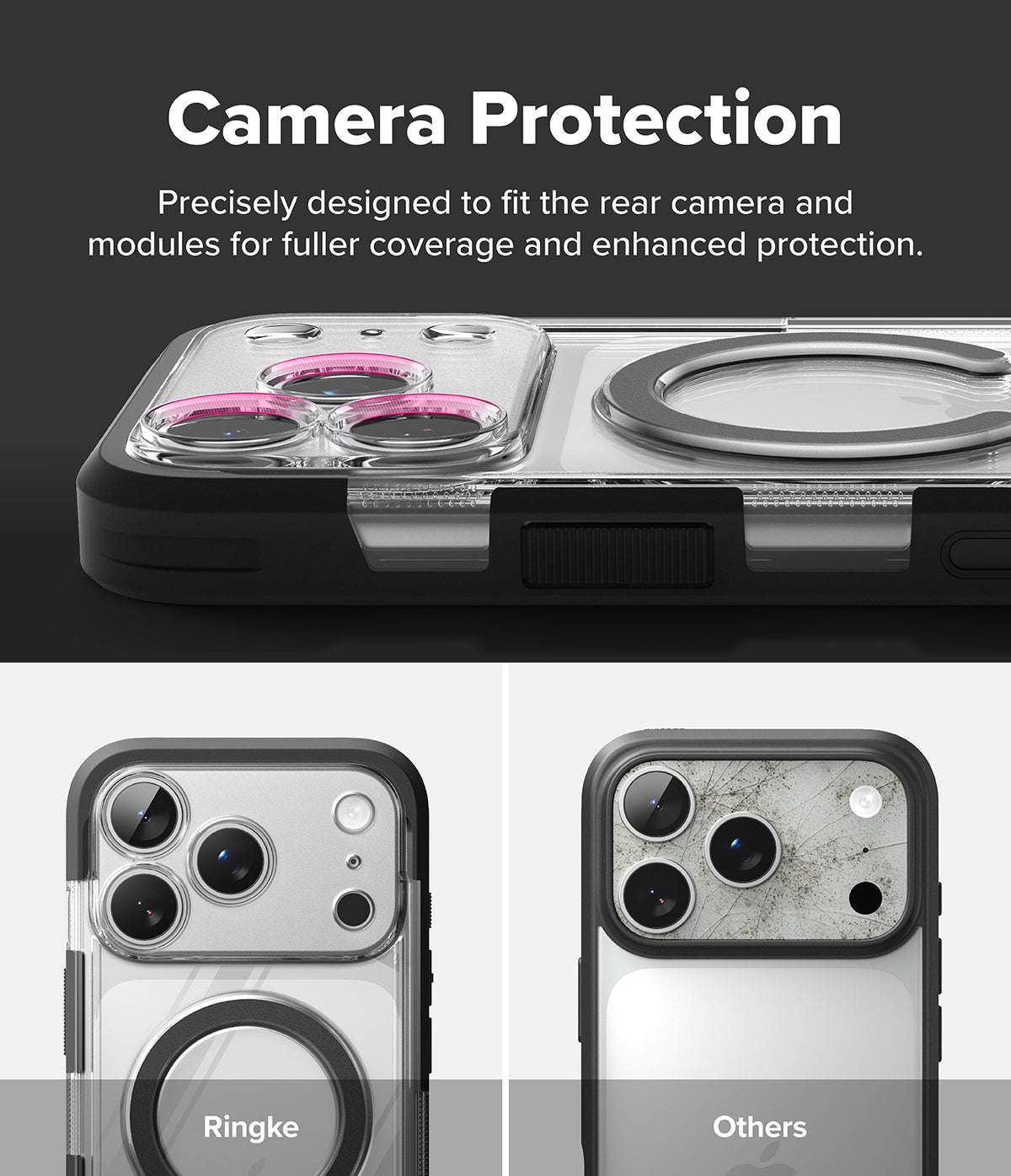 iPhone 18 Pro Max Case | UX Magnetic - A promotional graphic for a clear camera protection case with a black ring-style magnetic ring. The top section shows the case installed on a phone, with text reading 'Camera Protection.