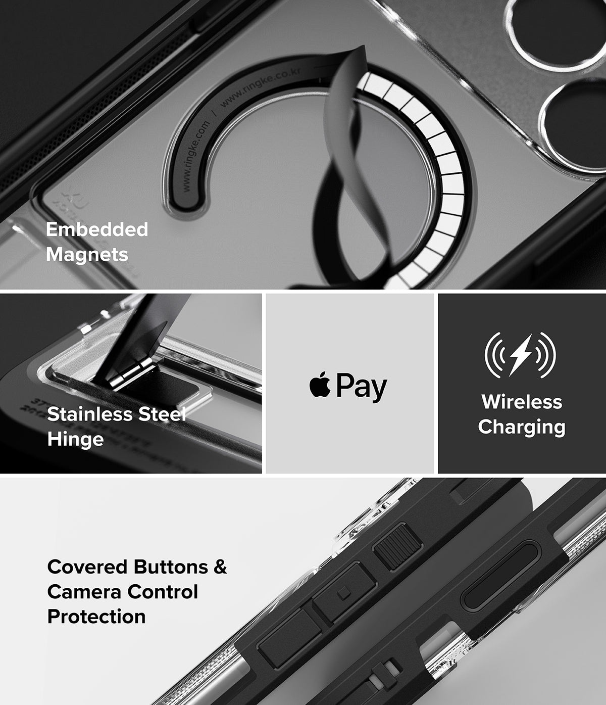 iPhone 18 Pro Max Case | UX Magnetic - A black protective phone case shown in a multi-panel feature graphic. The panels highlight an embedded magnetic ring for wireless charging, a stainless steel hinge, covered buttons and camera control protection, and compatibility with Apple Pay.