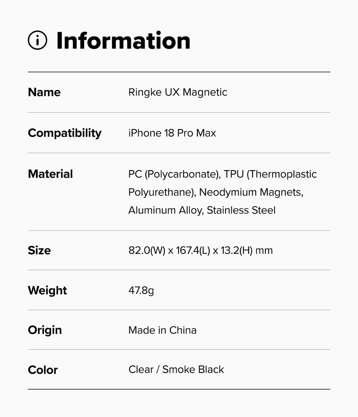 iPhone 18 Pro Max Case | UX Magnetic - Product information card for Ringke UX Magnetic case with specifications.