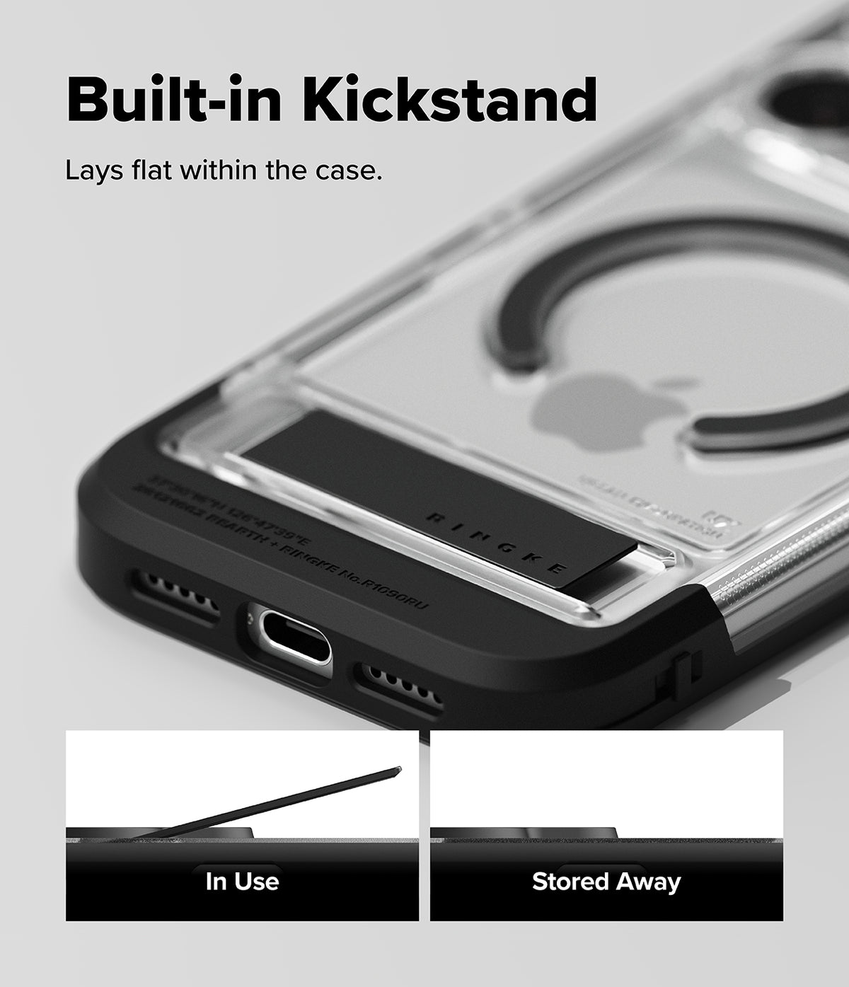 iPhone 18 Pro Max Case | UX Magnetic - Transparent phone case with a built-in black kickstand, shown on a light gray background with text reading 'Built-in Kickstand' and two small inset images demonstrating use and storage.