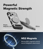 iPhone 18 Pro Max Case | UX Magnetic - Promotional graphic for a transparent magnetic phone case with a circular MagSafe ring. The top half shows the case on a phone with text reading 'Powerful Magnetic Strength' and labels for 'Ringke Magnetic case' and 'Others'.