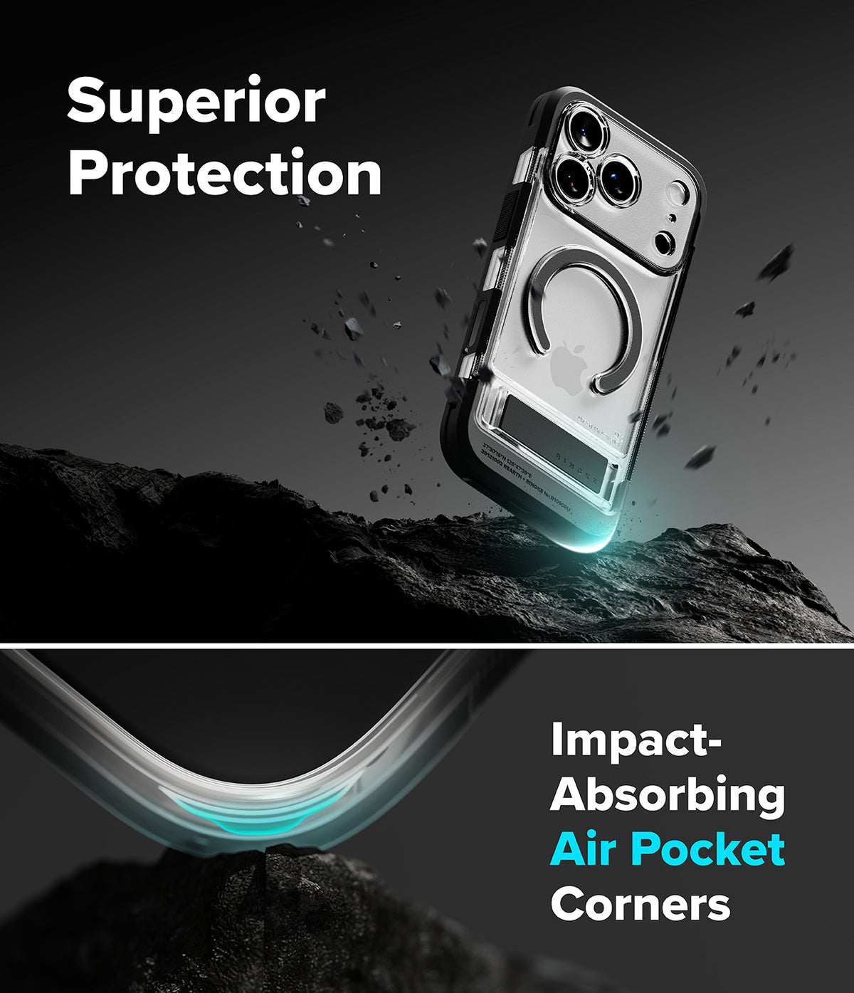 iPhone 18 Pro Max Case | UX Magnetic - A transparent protective phone case with a circular MagSafe ring and a built-in battery/power module, shown floating above dark rocks with marketing text reading 'Superior Protection' and 'Impact-Absorbing Air Pocket Corners.'.
