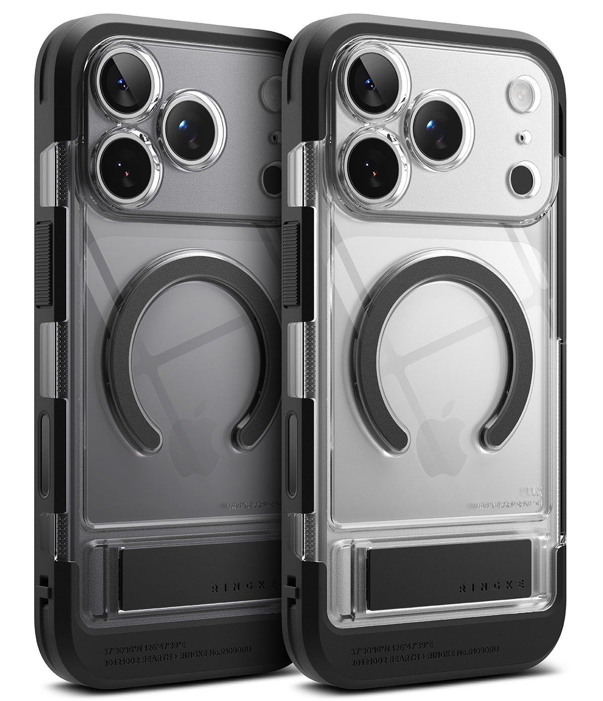 iPhone 18 Pro Max Case | UX Magnetic - Two views of a clear and black Airza protective phone case with a built-in kickstand, shown on a white background.