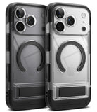 iPhone 18 Pro Max Case | UX Magnetic - Two views of a clear and black Airza protective phone case with a built-in kickstand, shown on a white background.