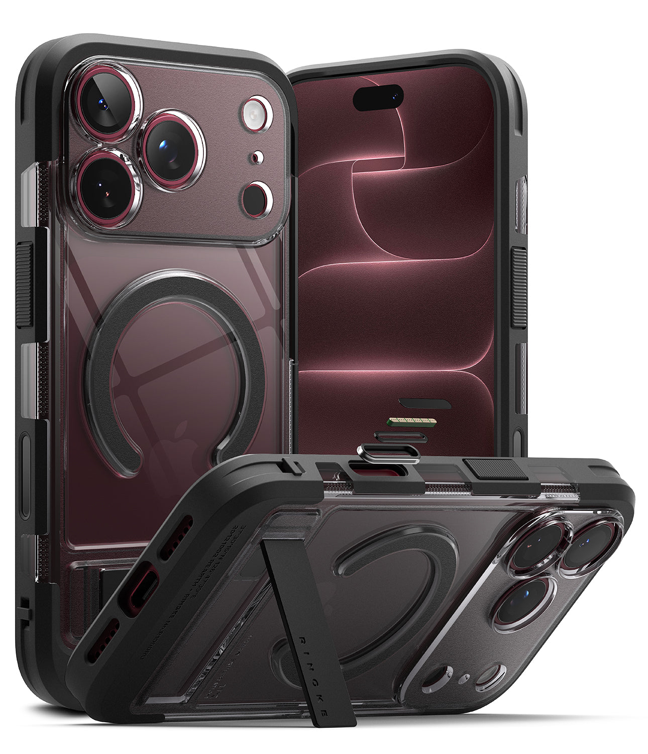 iPhone 18 Pro Max Case | UX Magnetic - A dark gray and black rugged protective phone case with a built-in kickstand and MagSafe ring, shown from multiple angles on a white background.