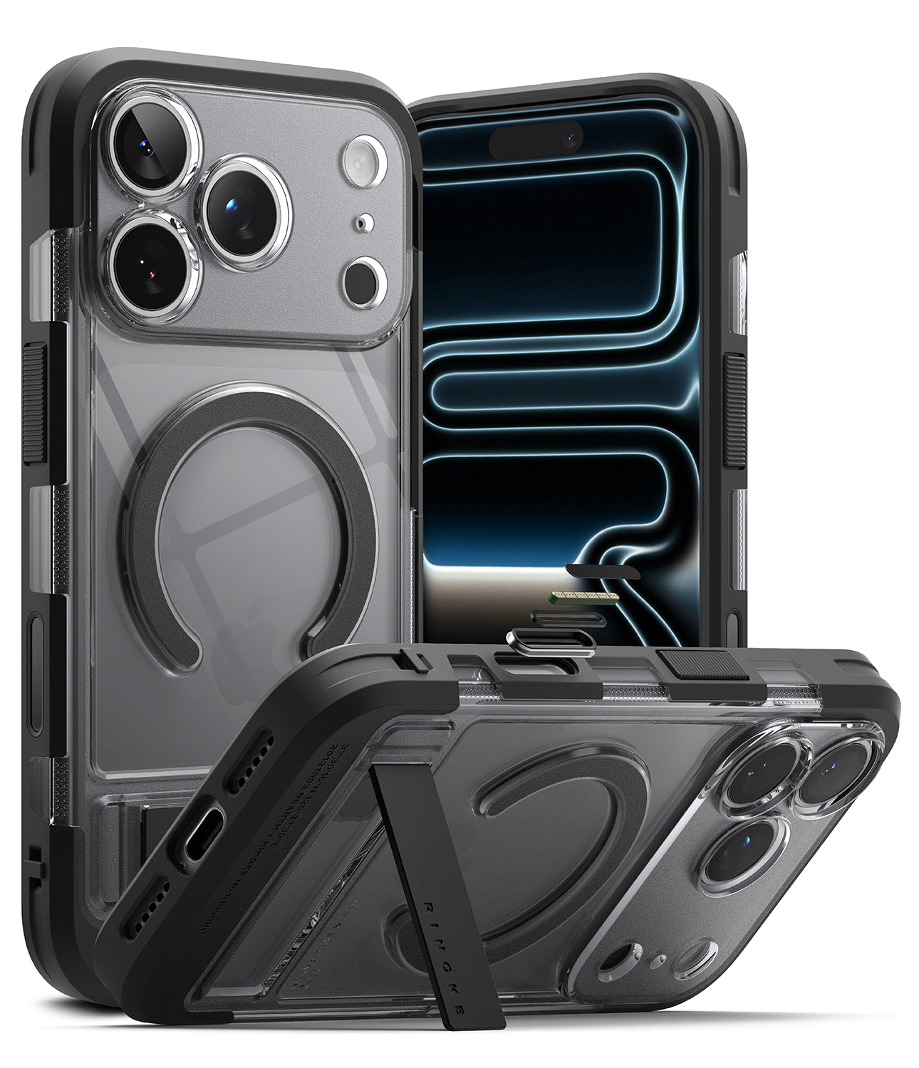 iPhone 18 Pro Max Case | UX Magnetic - A dark gray and black rugged protective phone case with a built-in kickstand and MagSafe ring, shown from multiple angles on a white background.
