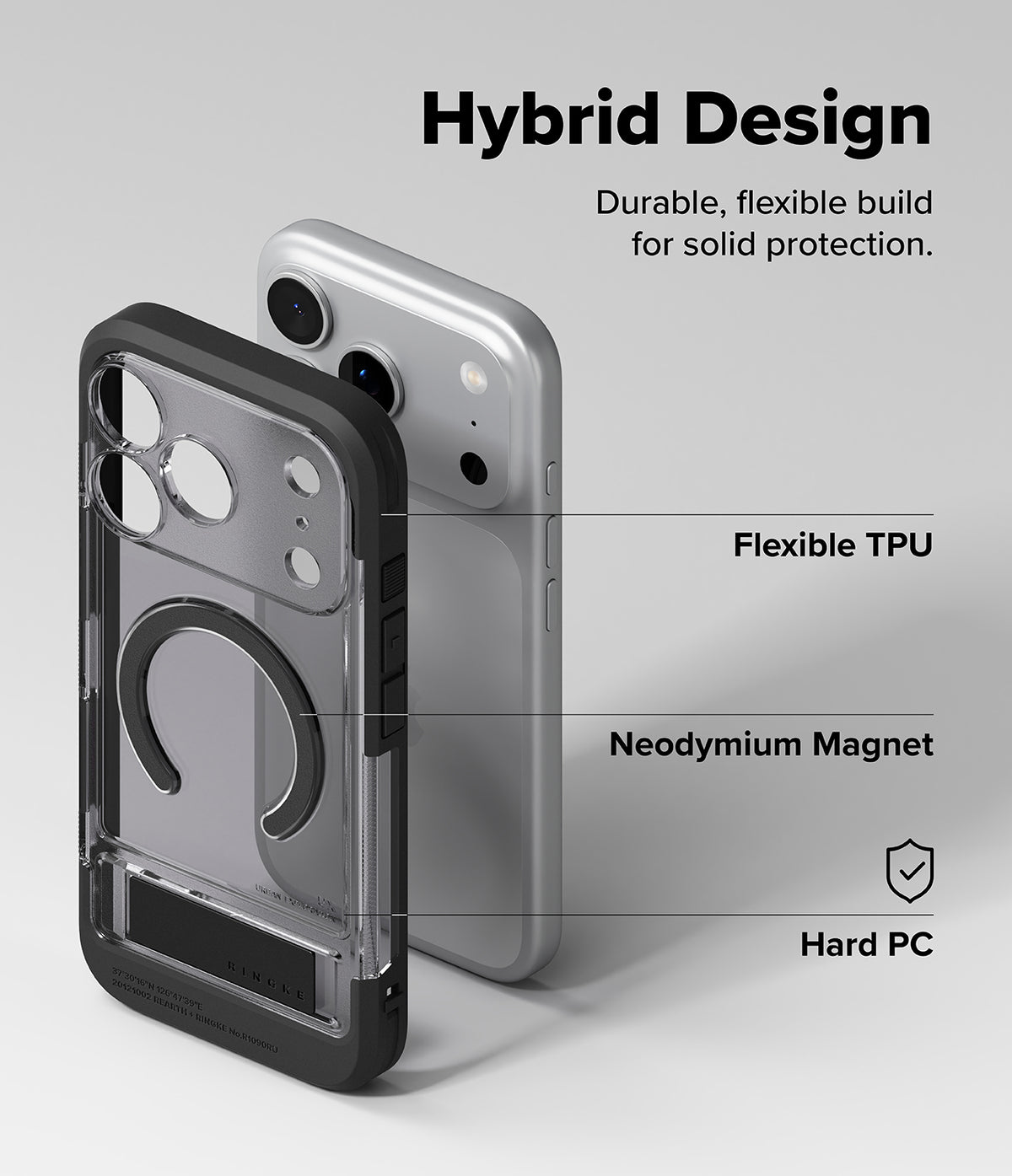 iPhone 18 Pro Max Case | UX Magnetic - A clear and black hybrid phone case shown on a silver smartphone against a light gray background, with text labels pointing out Flexible TPU, Neodymium Magnet, and Hard PC features.