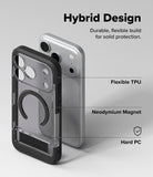 iPhone 18 Pro Max Case | UX Magnetic - A clear and black hybrid phone case shown on a silver smartphone against a light gray background, with text labels pointing out Flexible TPU, Neodymium Magnet, and Hard PC features.