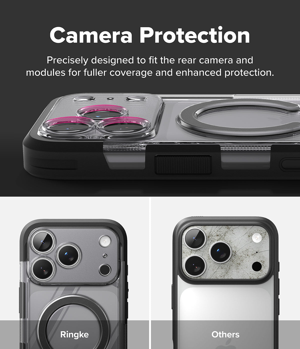 iPhone 18 Pro Max Case | UX Magnetic - A promotional graphic for a phone camera protection case. The top section shows a clear case with a black bumper and a circular magnetic ring, fitted over a phone with three pink camera lenses visible.