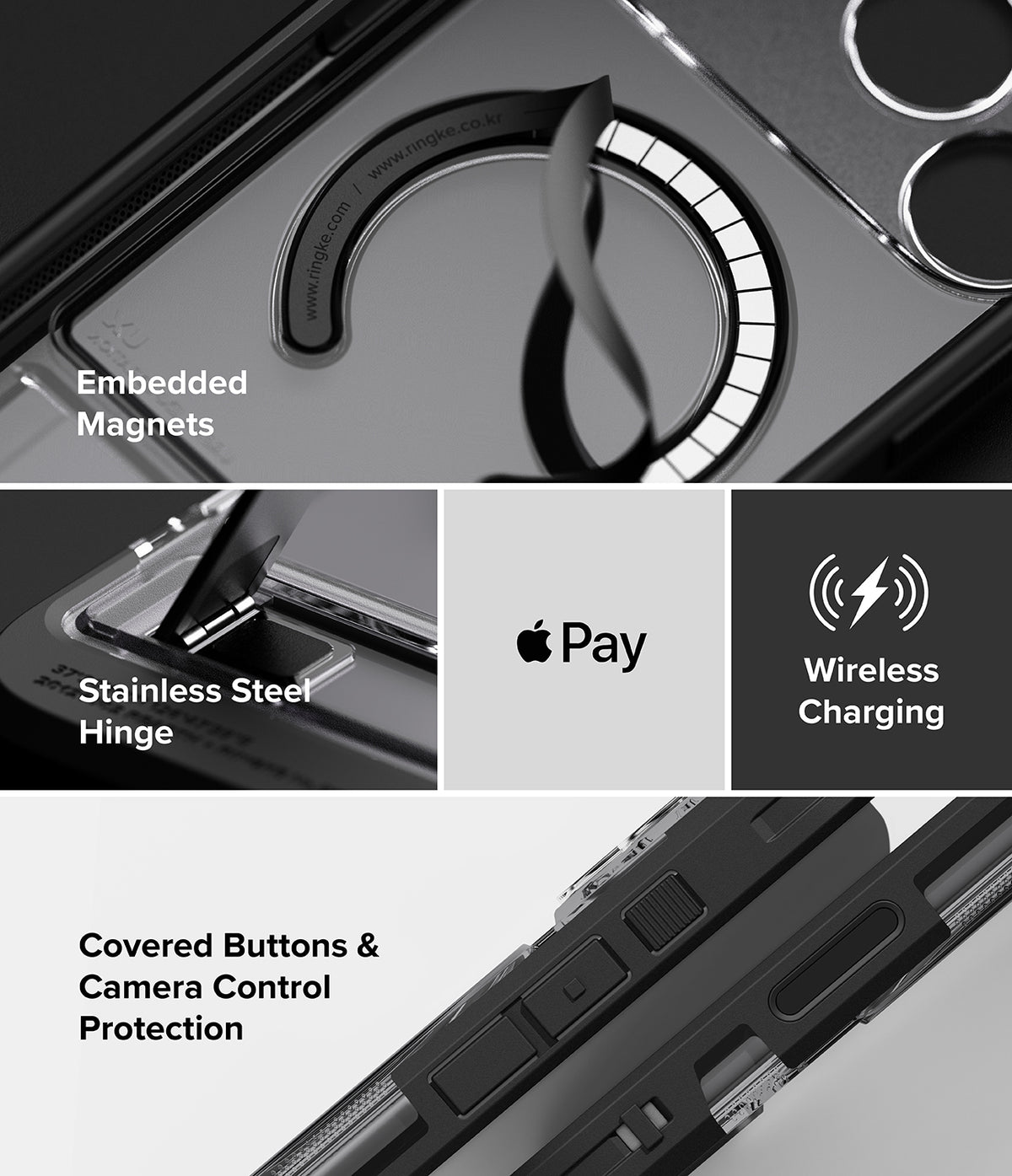 iPhone 18 Pro Max Case | UX Magnetic - A black protective phone case shown in a multi-panel feature graphic highlighting its design and charging capabilities. The graphic includes text labels for 'Embedded Magnets', 'Stainless Steel Hinge', 'Apple Pay', and 'Wireless Charging', along with a bottom panel showing 'Covered Buttons & Camera Control Protection'.
