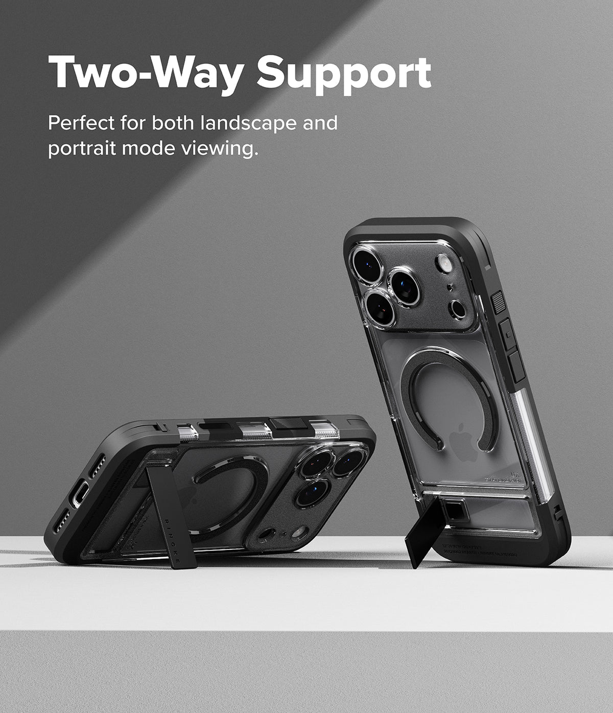 iPhone 18 Pro Max Case | UX Magnetic - Transparent black phone case with built-in kickstand, shown in two orientations on a light gray background with text reading 'Two-Way Support'.