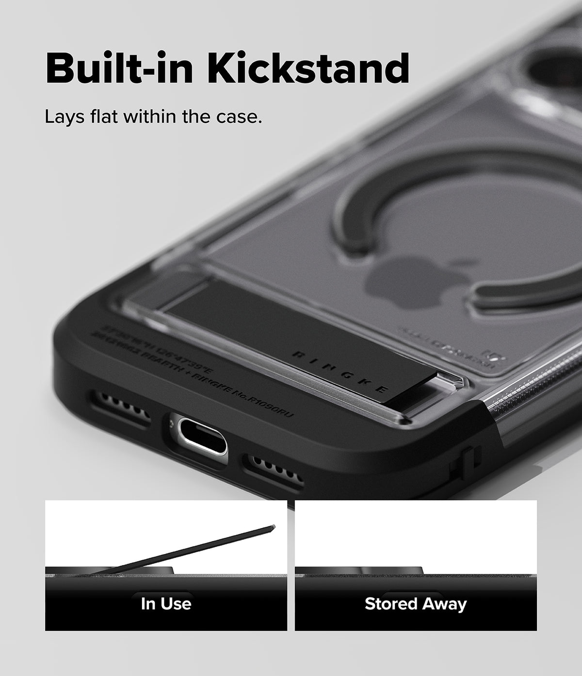 iPhone 18 Pro Max Case | UX Magnetic - A close-up of a transparent and black phone case with a built-in kickstand, shown on a light gray background. Text at the top reads 'Built-in Kickstand' and 'Lays flat within the case.