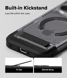 iPhone 18 Pro Max Case | UX Magnetic - A close-up of a transparent and black phone case with a built-in kickstand, shown on a light gray background. Text at the top reads 'Built-in Kickstand' and 'Lays flat within the case.
